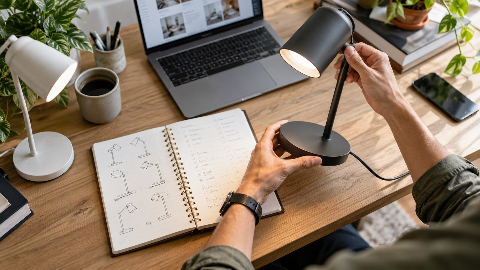 Creator examining desk products and comparison notes