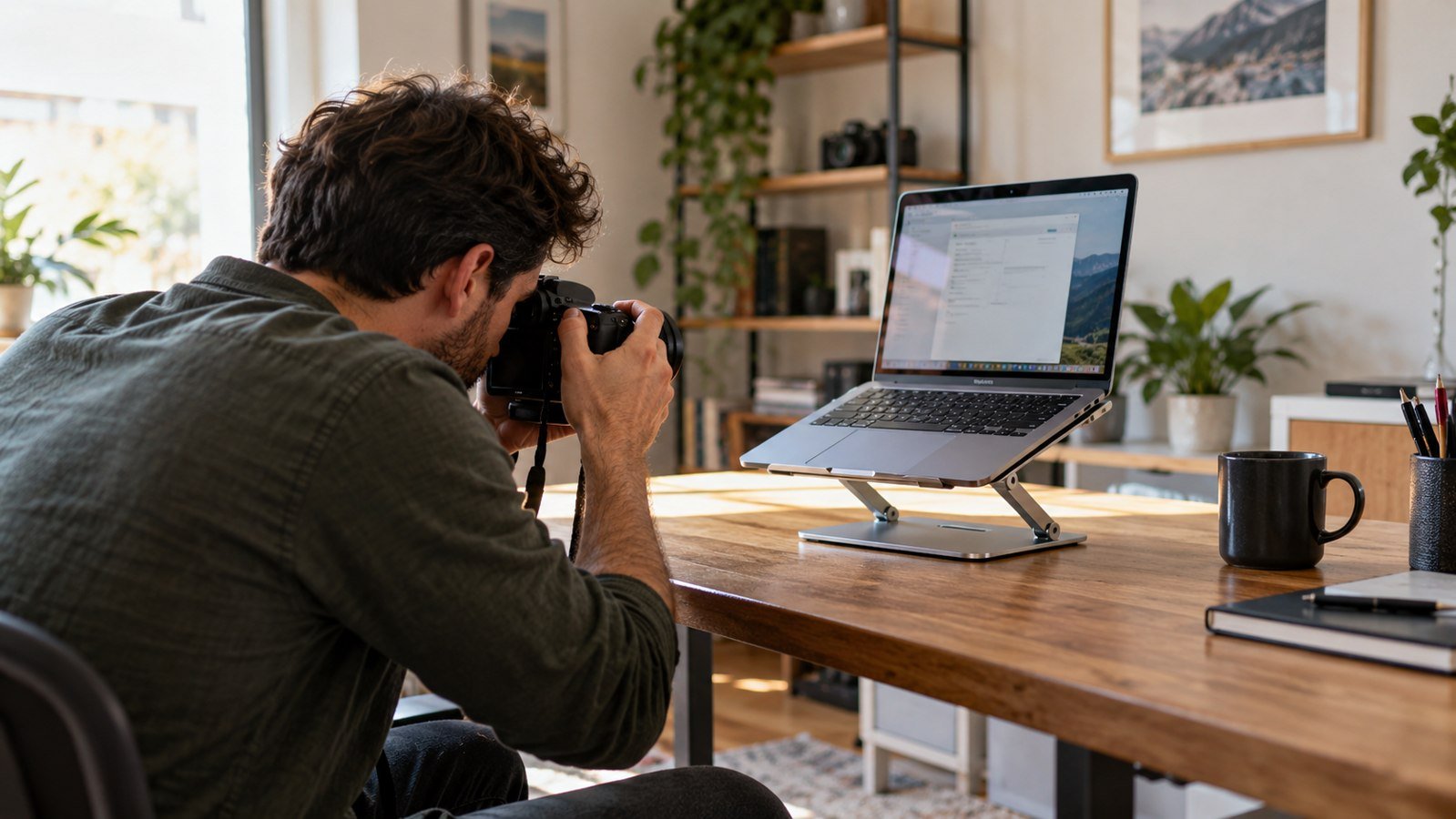 Reviewer photographing a laptop stand in a home office