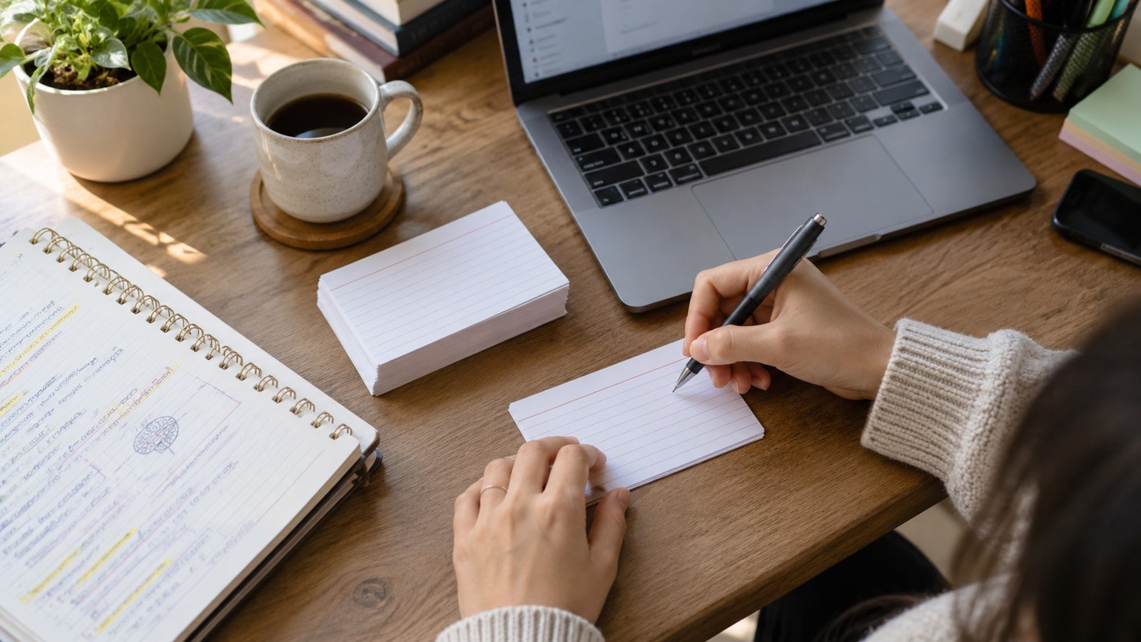 Hands preparing short flashcard questions beside study notes