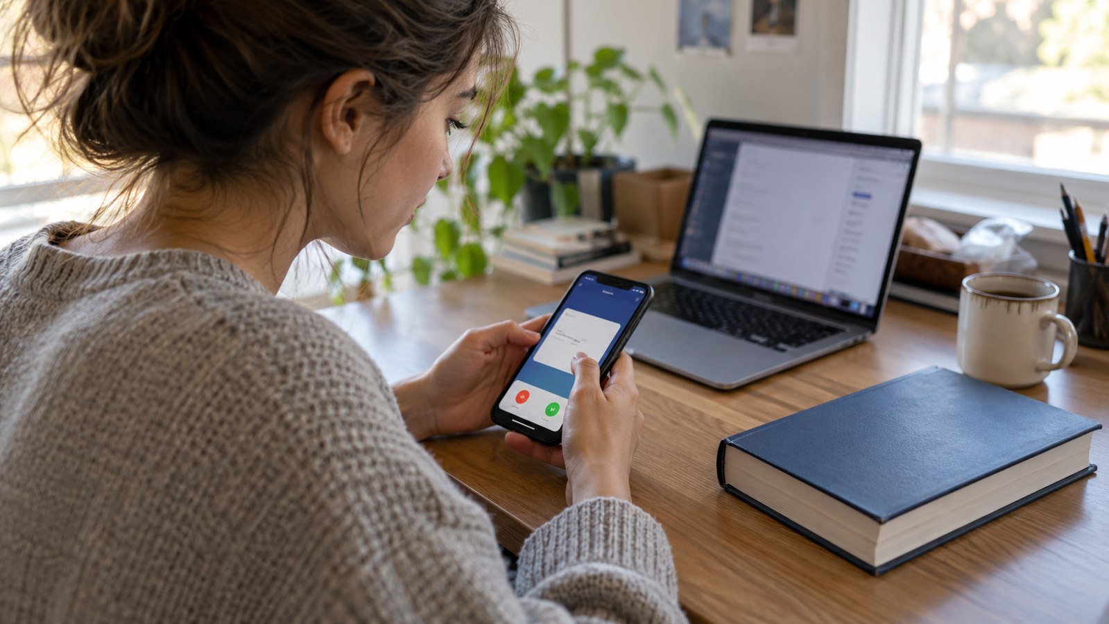 Student reviewing flashcards on a phone beside a textbook