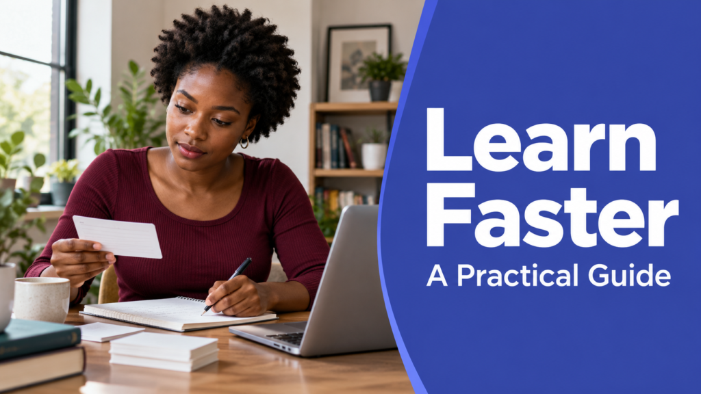 Learn Faster — realistic workspace photo with an indigo title panel