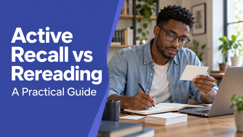 Active Recall vs Rereading — realistic workspace photo with an indigo title panel