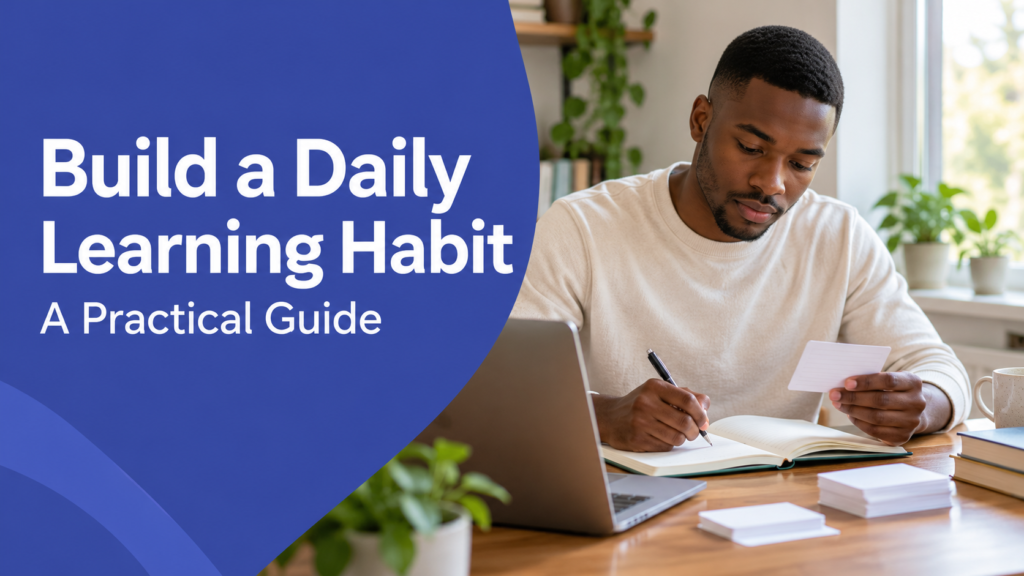 Build a Daily Learning Habit — realistic workspace photo with an indigo title panel