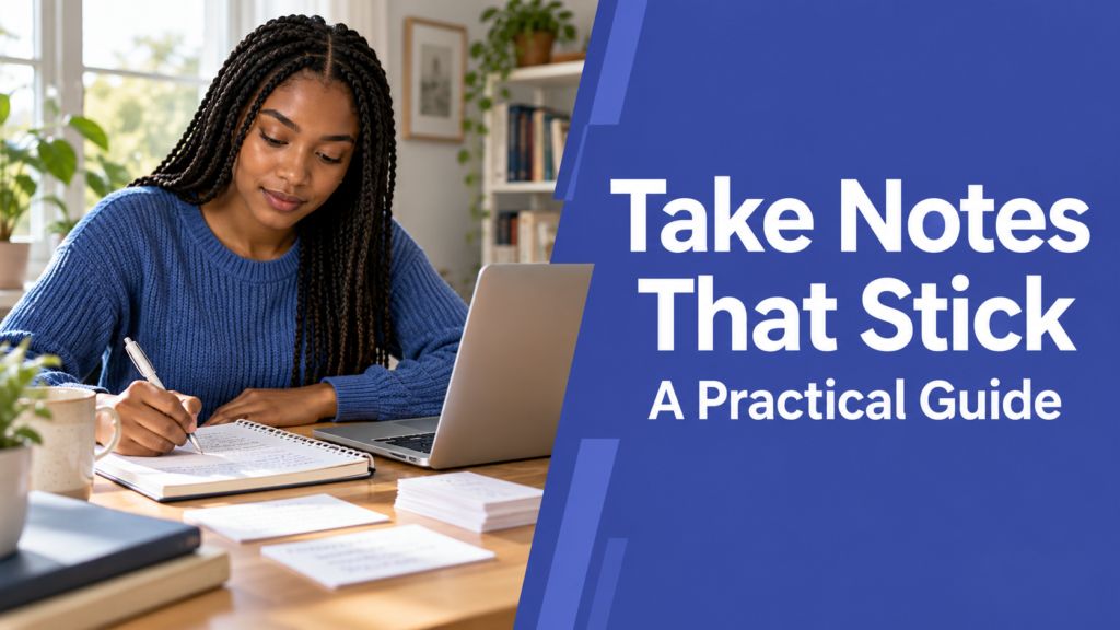 Take Notes That Stick — realistic workspace photo with an indigo title panel