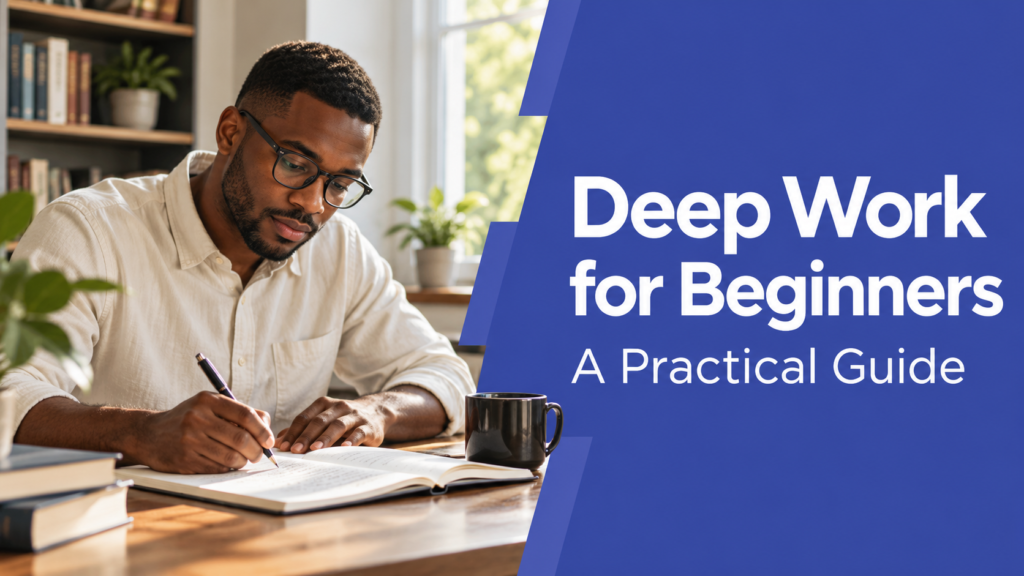 Deep Work for Beginners — realistic workspace photo with an indigo title panel