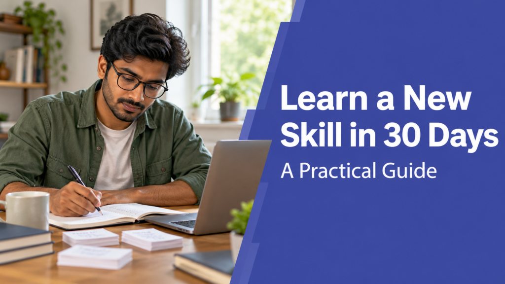 Learn a New Skill in 30 Days — realistic workspace photo with an indigo title panel