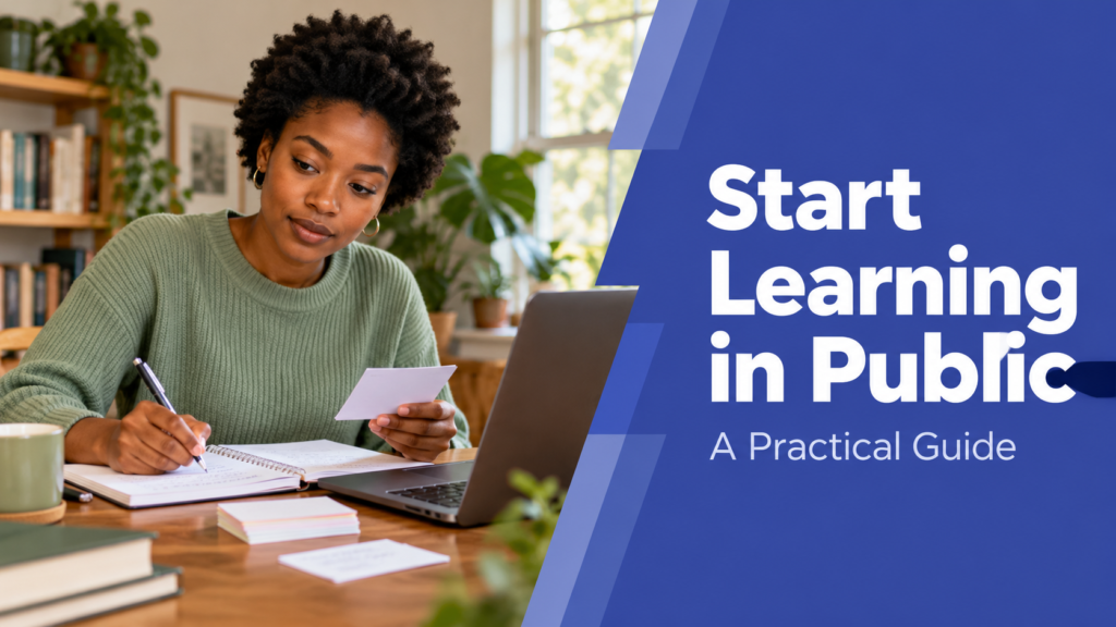 Start Learning in Public — realistic workspace photo with an indigo title panel