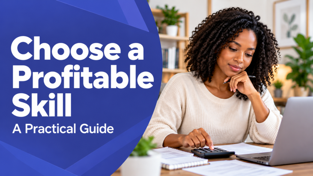 Choose a profitable skill: a freelancer planning with a calculator beside an indigo title panel