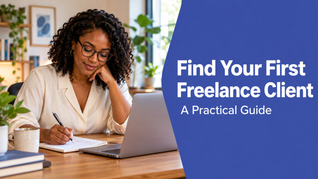 Find Your First Freelance Client — realistic workspace photo with an indigo title panel