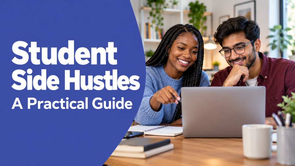 Student Side Hustles — realistic workspace photo with an indigo title panel