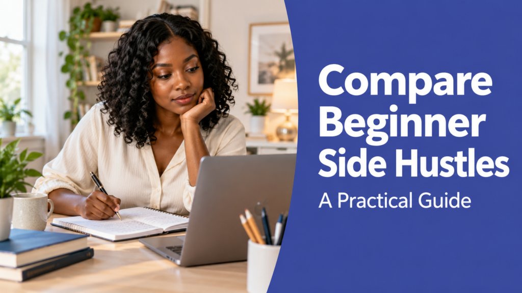 Compare Beginner Side Hustles — realistic workspace photo with an indigo title panel