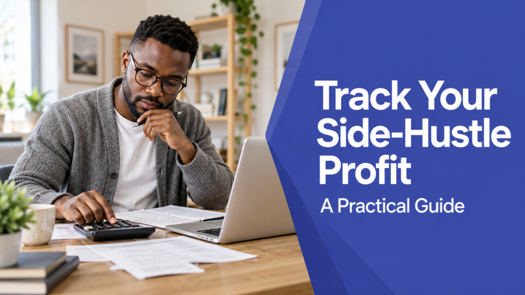 Track Your Side-Hustle Profit — realistic workspace photo with an indigo title panel