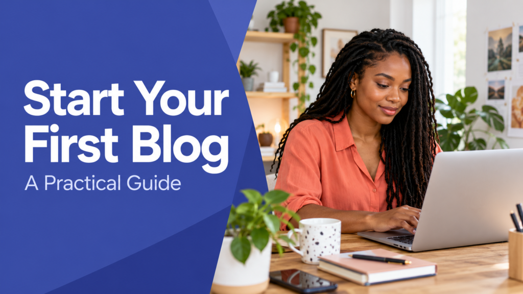 Start Your First Blog — realistic workspace photo with an indigo title panel