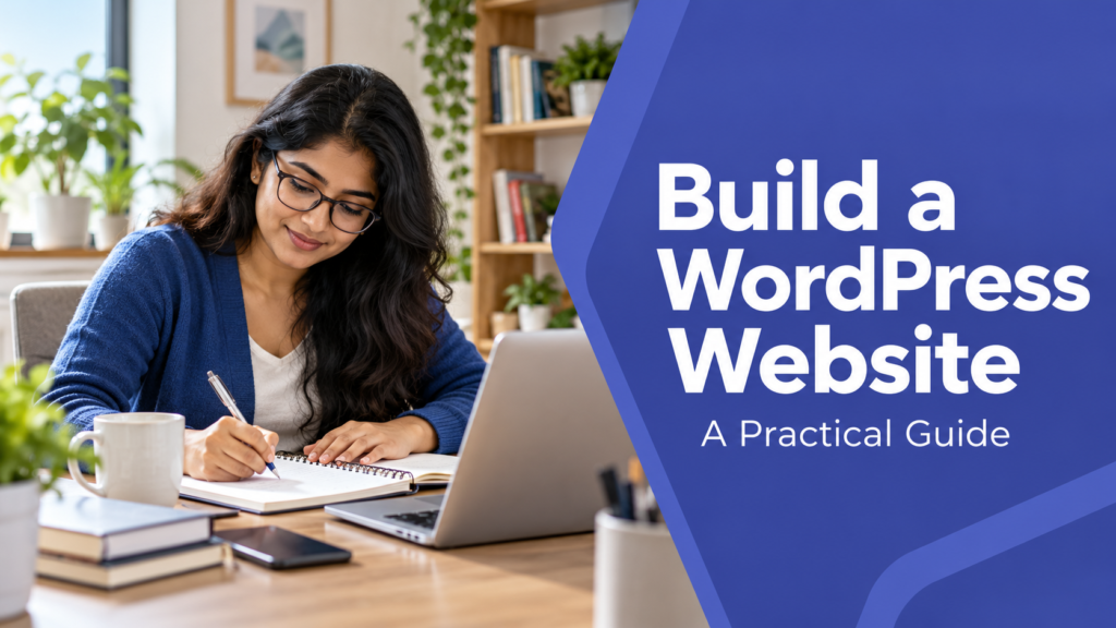 Build a WordPress Website — realistic workspace photo with an indigo title panel