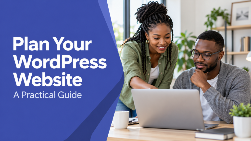 Plan Your WordPress Website — realistic workspace photo with an indigo title panel