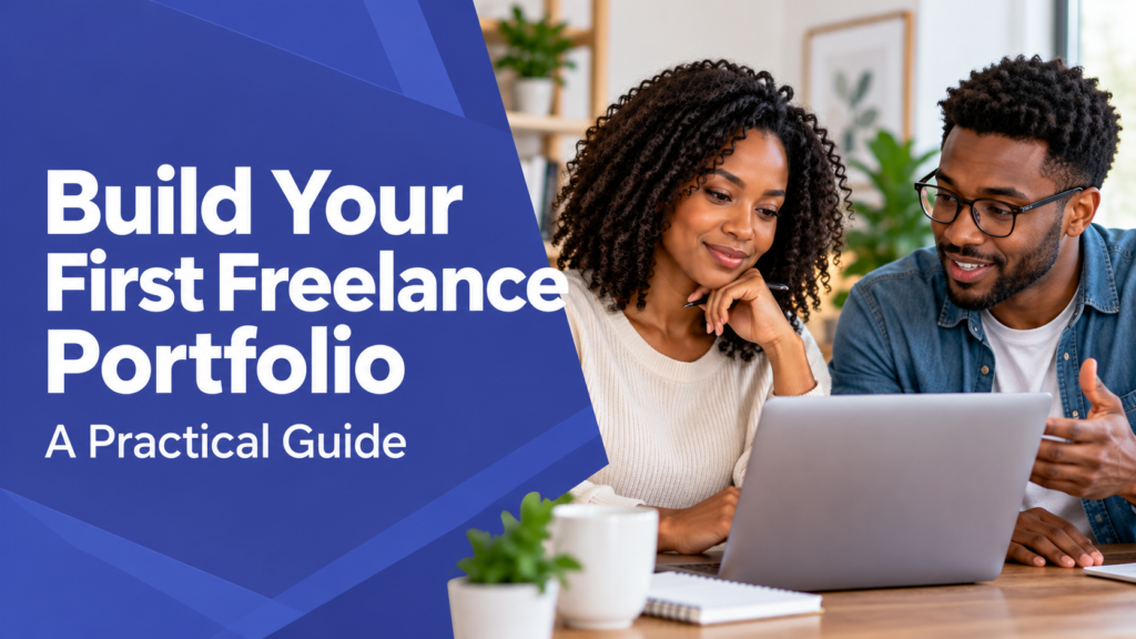 Build your first freelance portfolio: two creators reviewing work beside an indigo title panel