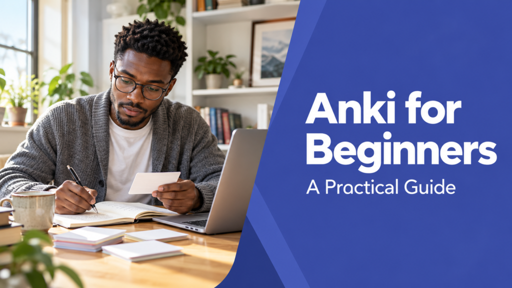 Anki for Beginners — realistic workspace photo with an indigo title panel