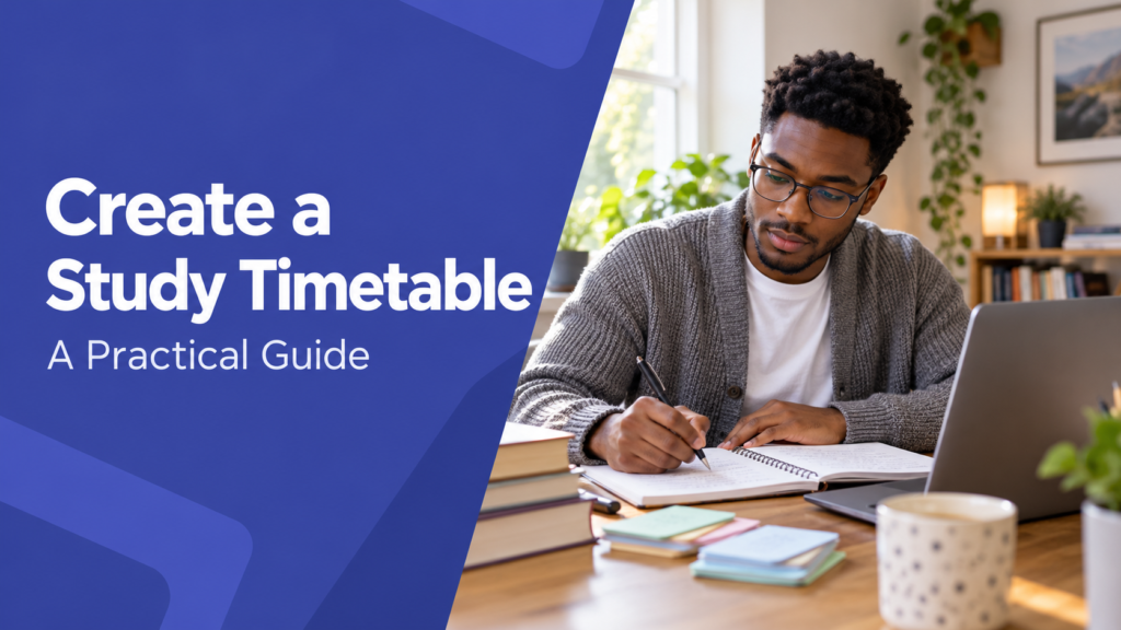 Create a Study Timetable — realistic workspace photo with an indigo title panel