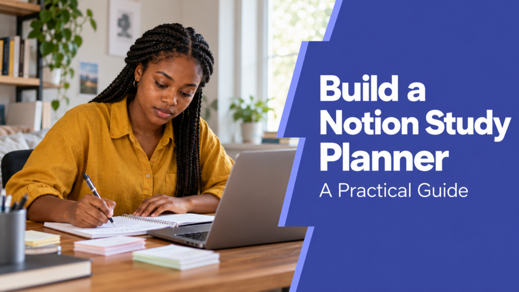 Build a Notion Study Planner — realistic workspace photo with an indigo title panel