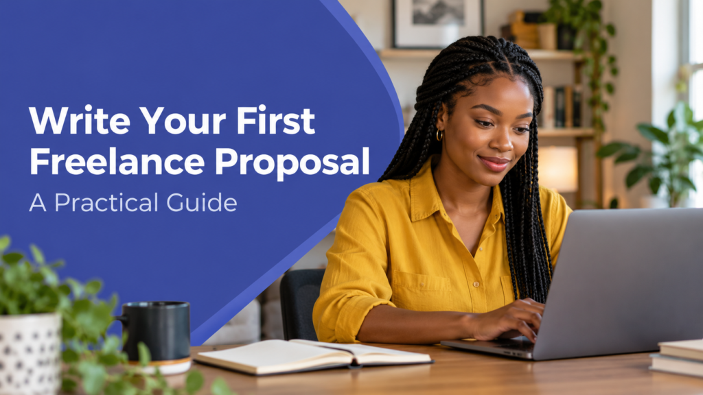 Write Your First Freelance Proposal — realistic workspace photo with an indigo title panel