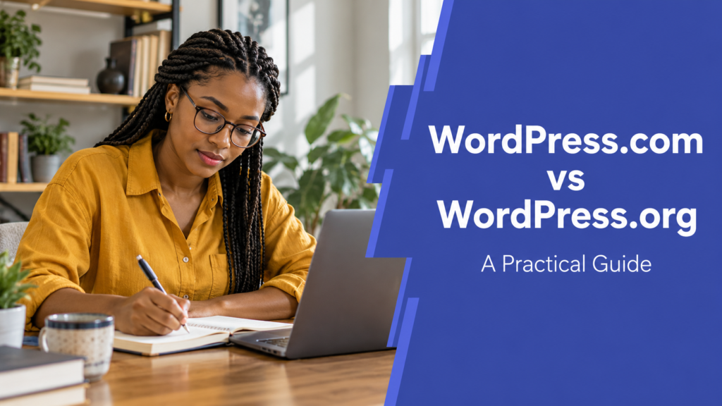 WordPress.com vs WordPress.org — realistic workspace photo with an indigo title panel