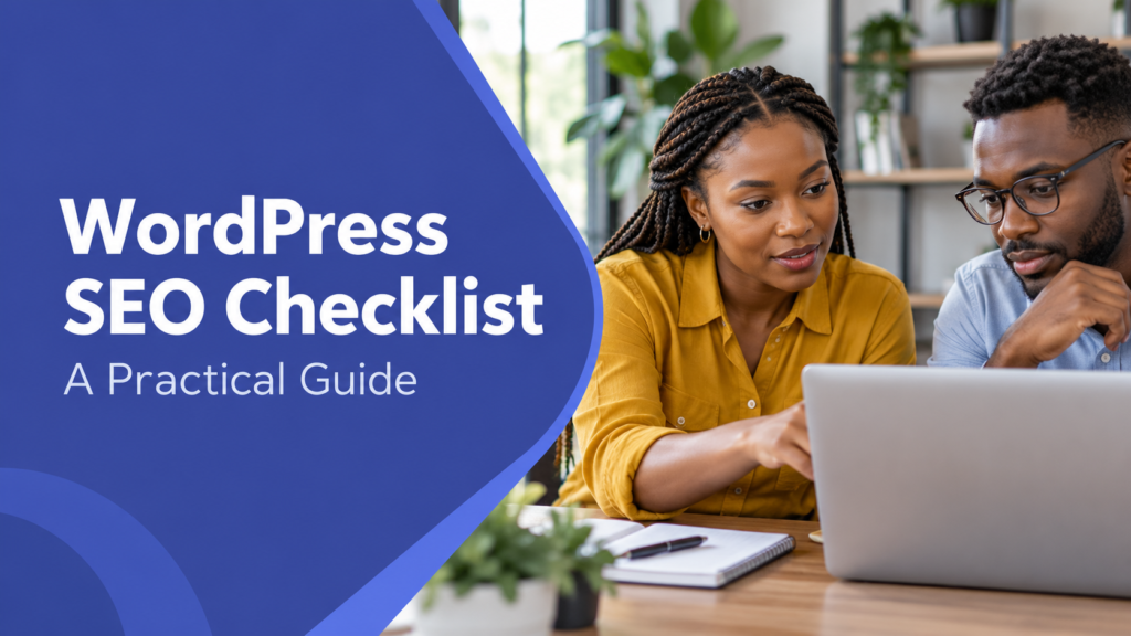 WordPress SEO Checklist — realistic workspace photo with an indigo title panel