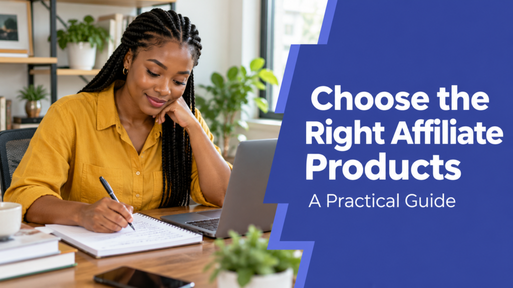 Choose the Right Affiliate Products — realistic workspace photo with an indigo title panel