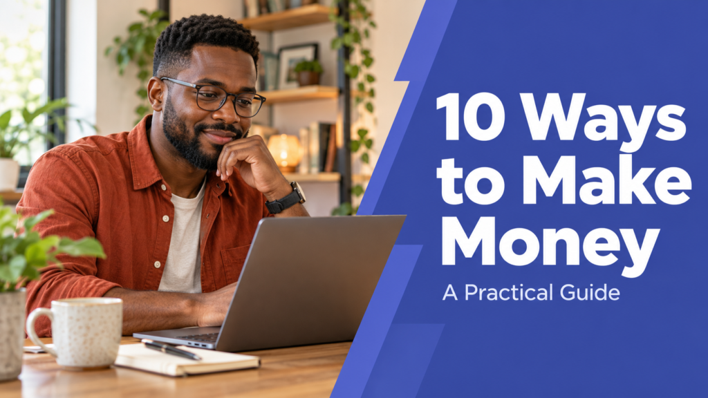 10 Ways to Make Money — realistic workspace photo with an indigo title panel