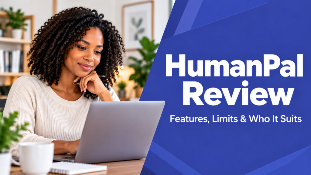 HumanPal review: a creator at a laptop beside an indigo panel reading Features, Limits and Who It Suits