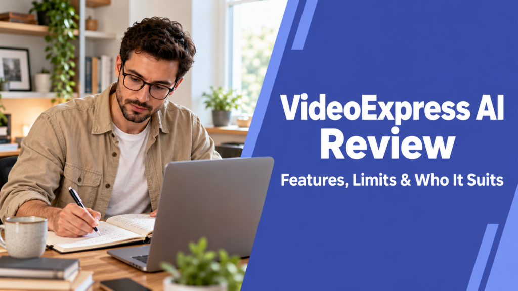 VideoExpress AI Review — realistic workspace photo with an indigo title panel