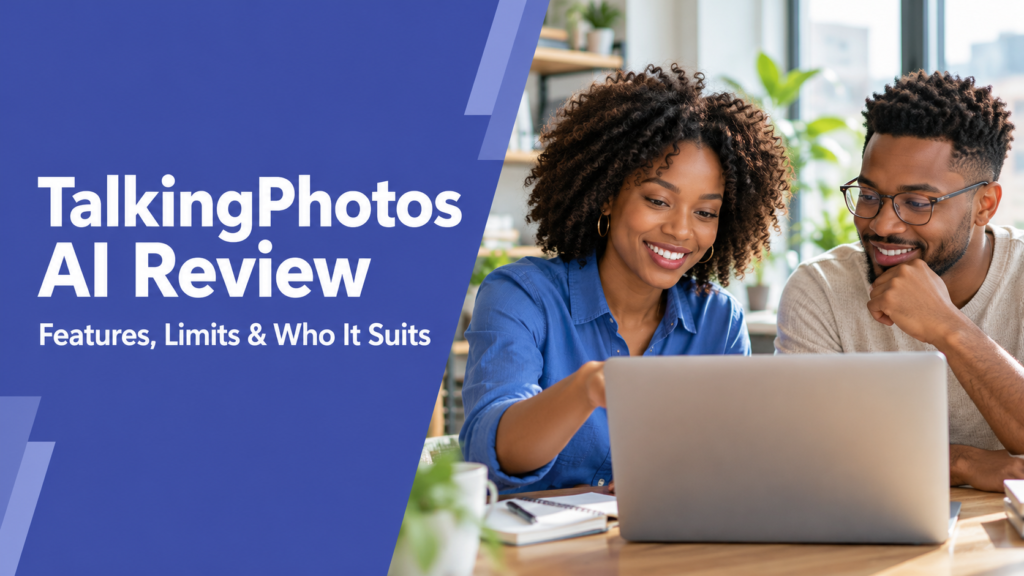 TalkingPhotos AI Review — realistic workspace photo with an indigo title panel