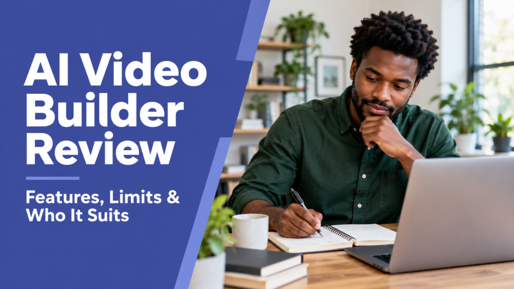 AI Video Builder Review — realistic workspace photo with an indigo title panel