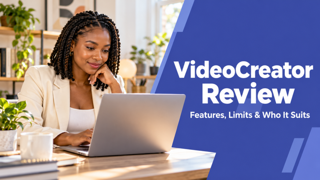 VideoCreator Review — realistic workspace photo with an indigo title panel