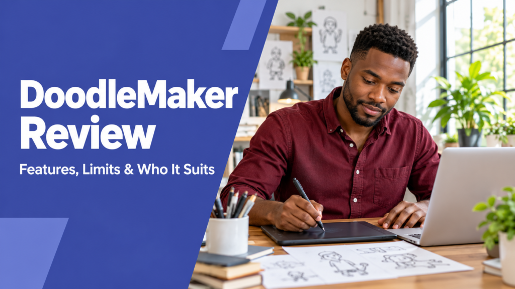 DoodleMaker Review — realistic workspace photo with an indigo title panel