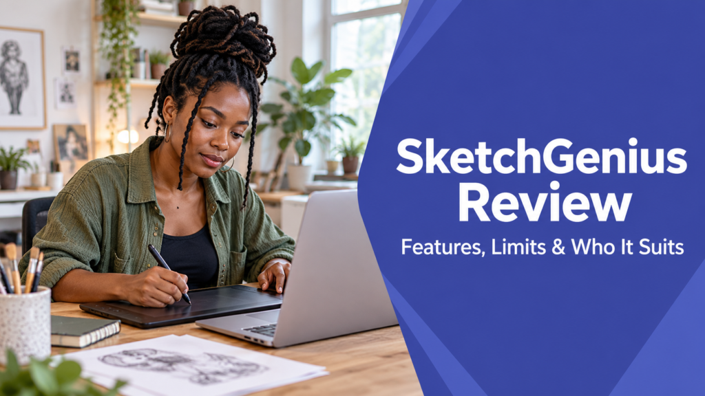 SketchGenius Review — realistic workspace photo with an indigo title panel