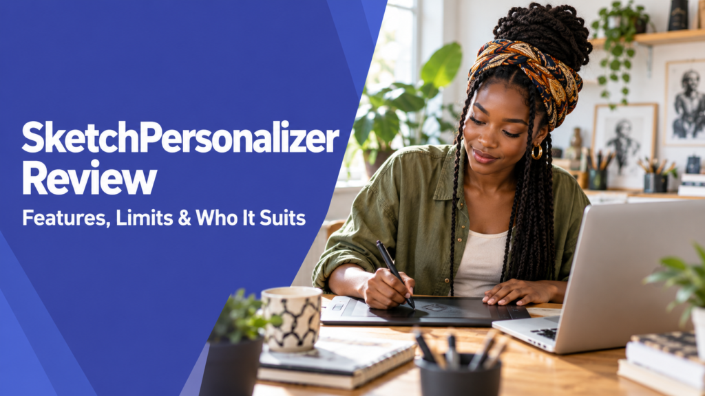 SketchPersonalizer Review — realistic workspace photo with an indigo title panel