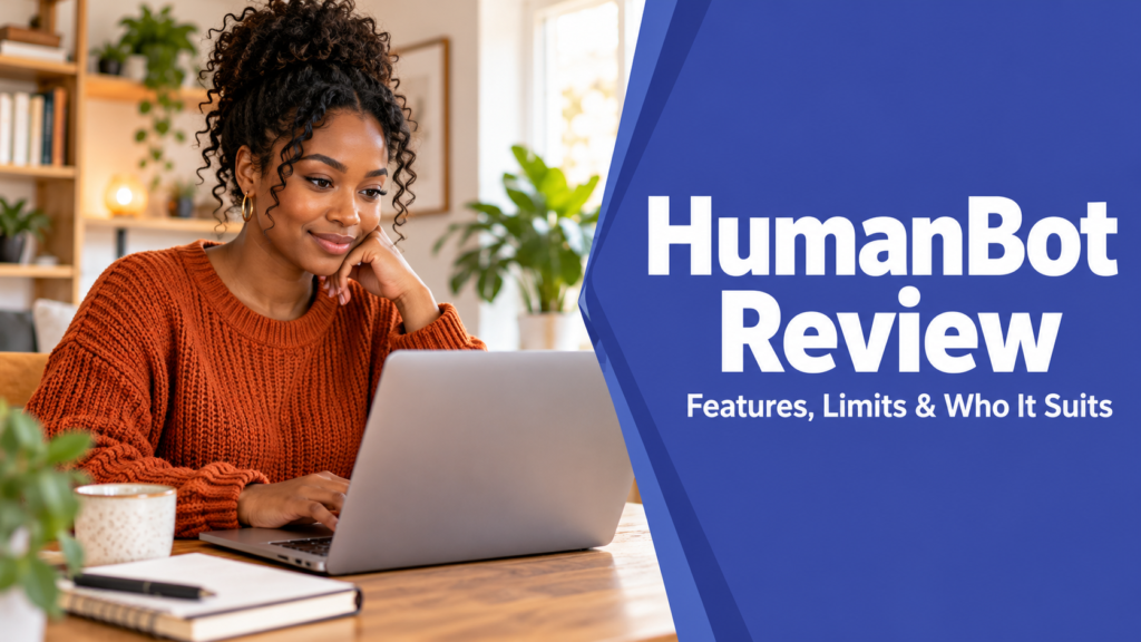 HumanBot review — creator at a laptop beside an indigo title panel