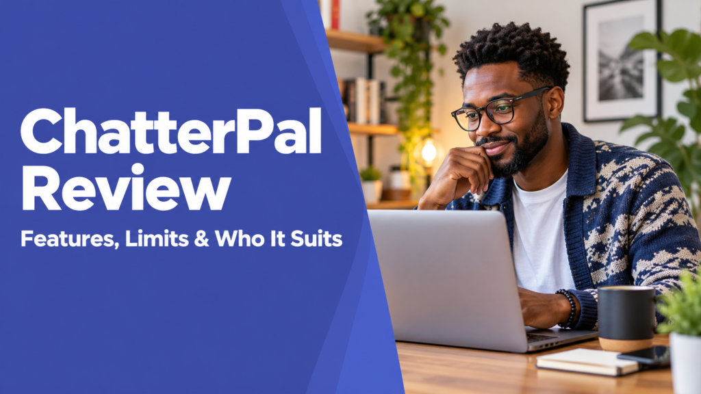 ChatterPal Review — realistic workspace photo with an indigo title panel