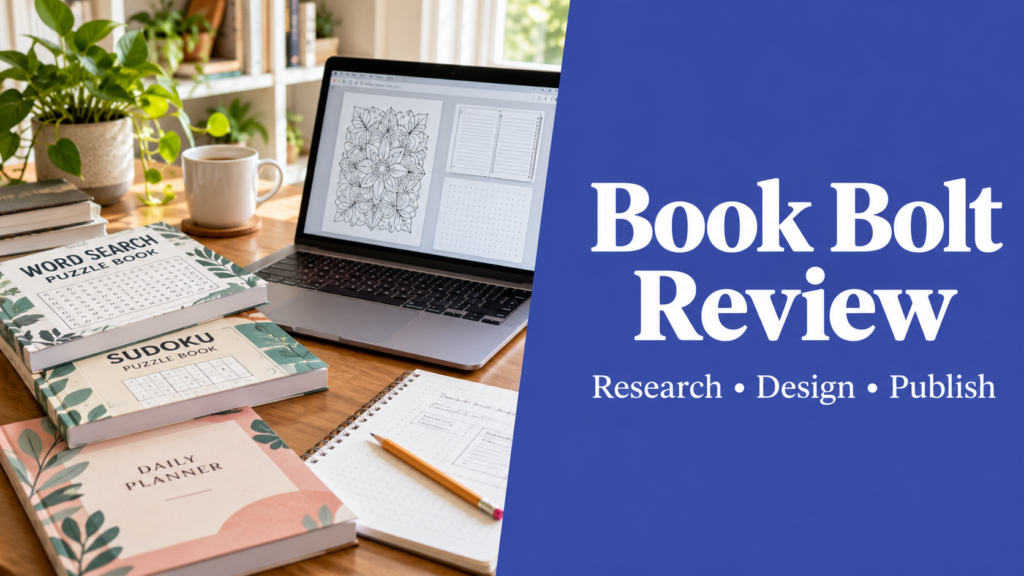 Book Bolt Review — self-publishing workspace with puzzle books and an indigo title panel
