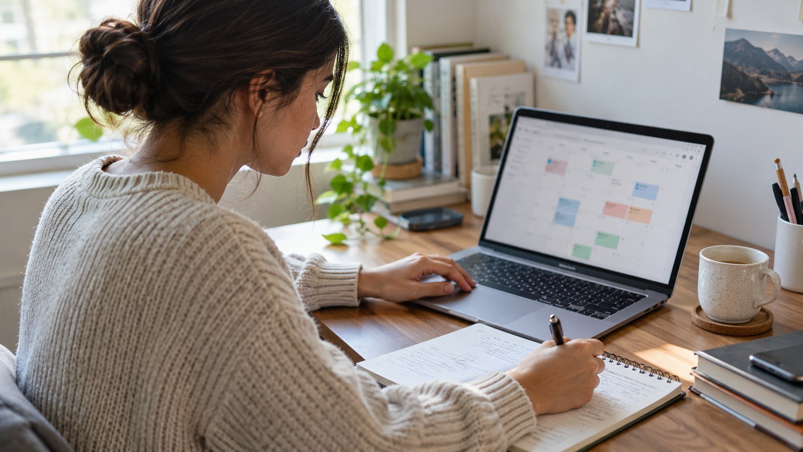 Student using a calendar view on a laptop alongside study notes