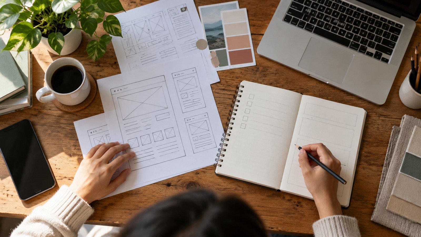 Freelancer planning a sample project with website wireframe sketches and a notebook