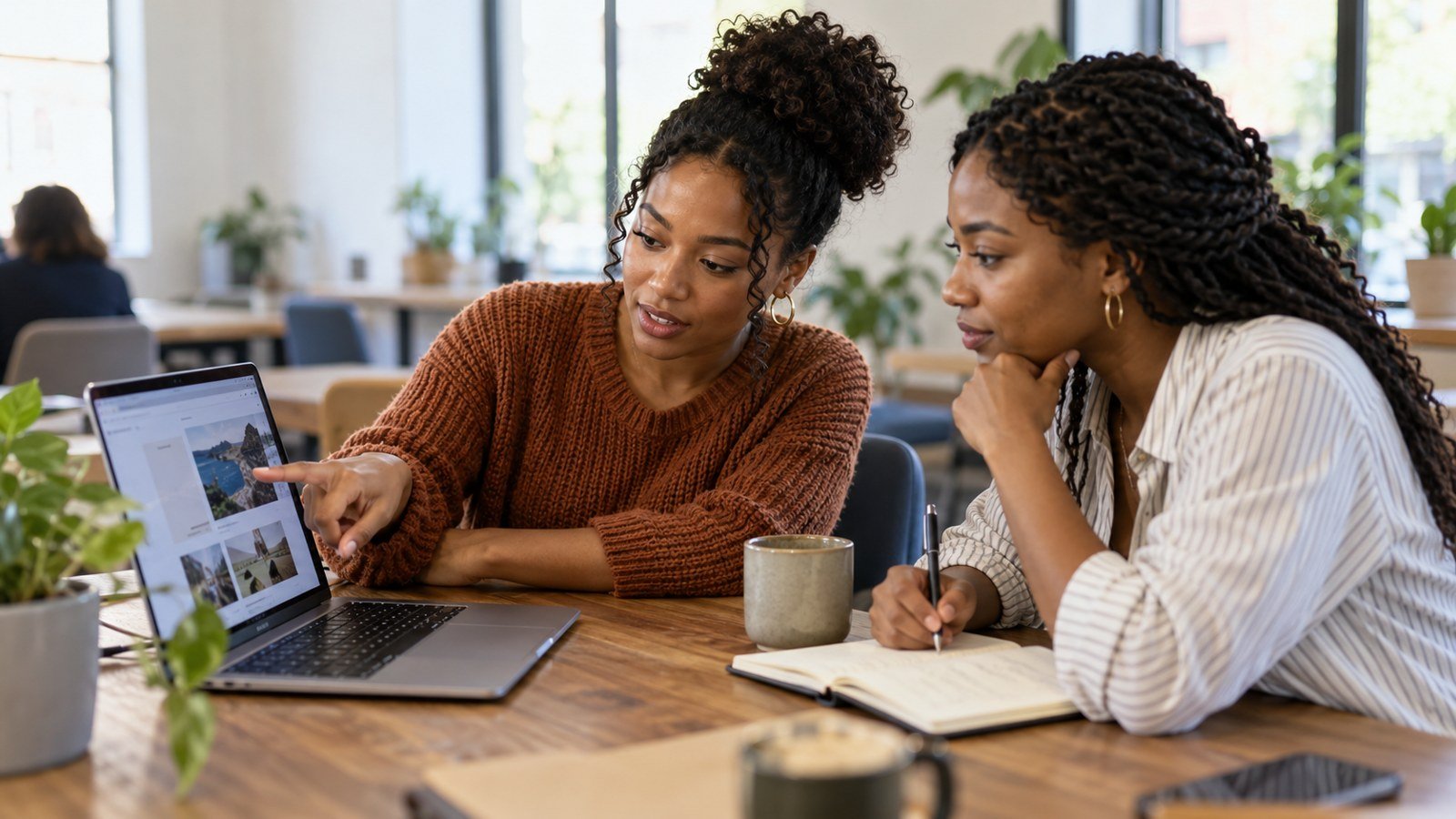 Freelancer and a peer reviewing a portfolio on a laptop and noting improvements