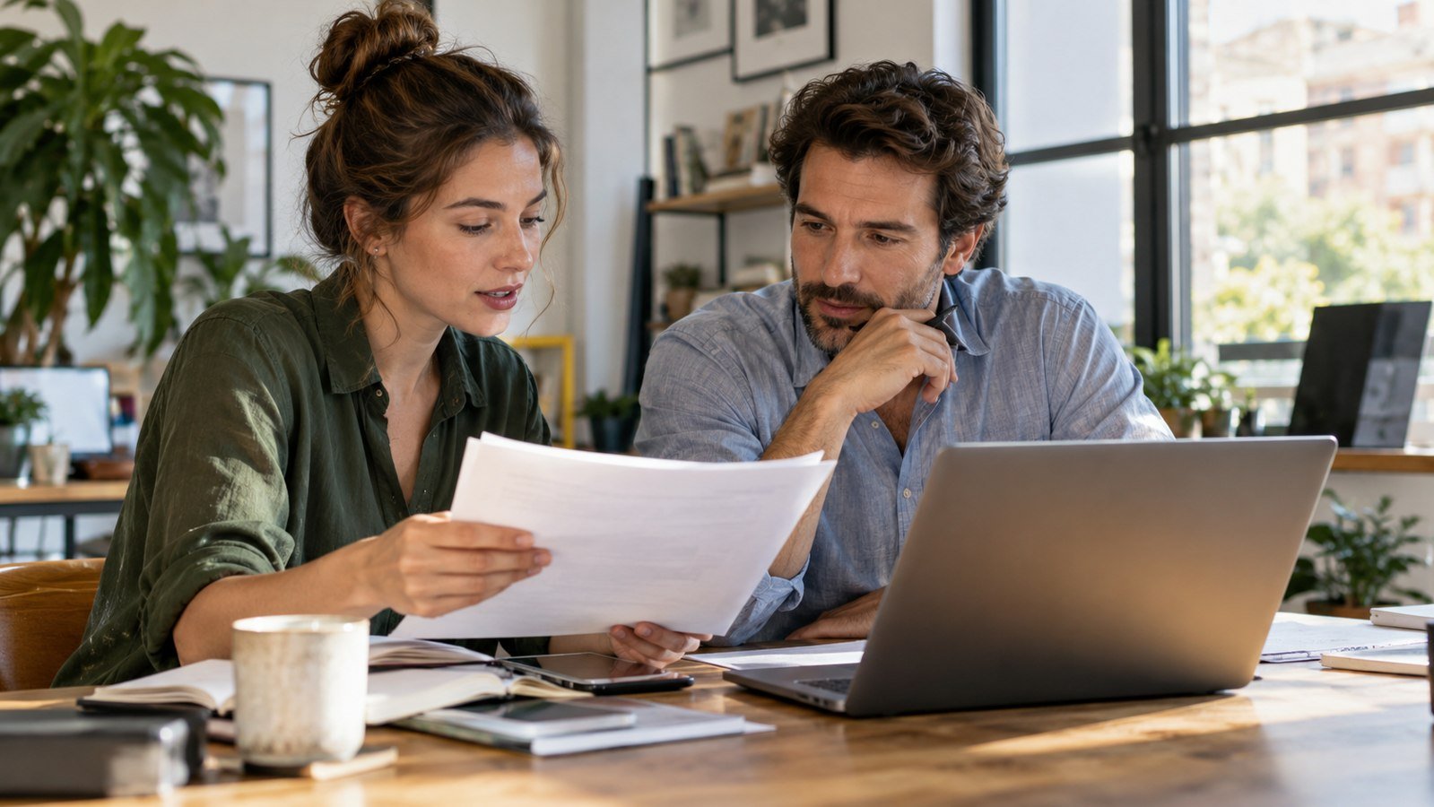 Freelancer reviewing a draft proposal with a colleague