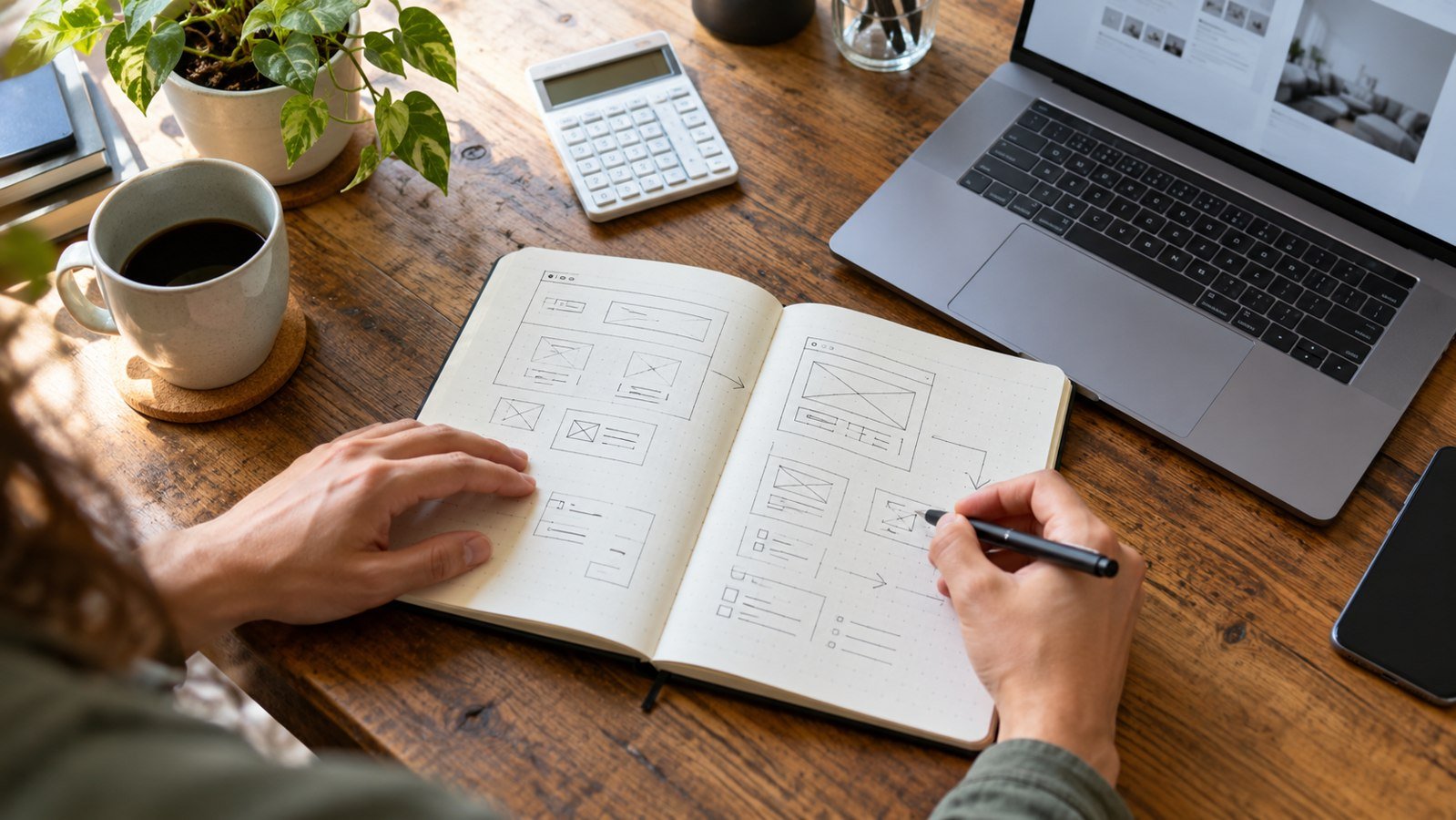Website planning notebook, laptop and calculator on a desk