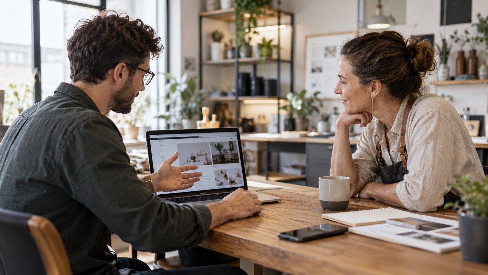 Web designer discussing a website plan with a business owner