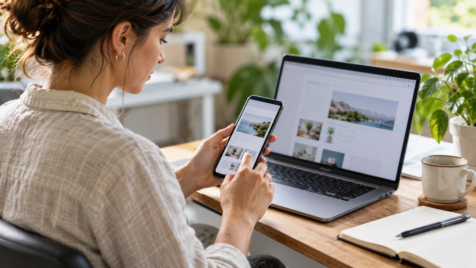 Blogger testing a website on a smartphone beside a laptop
